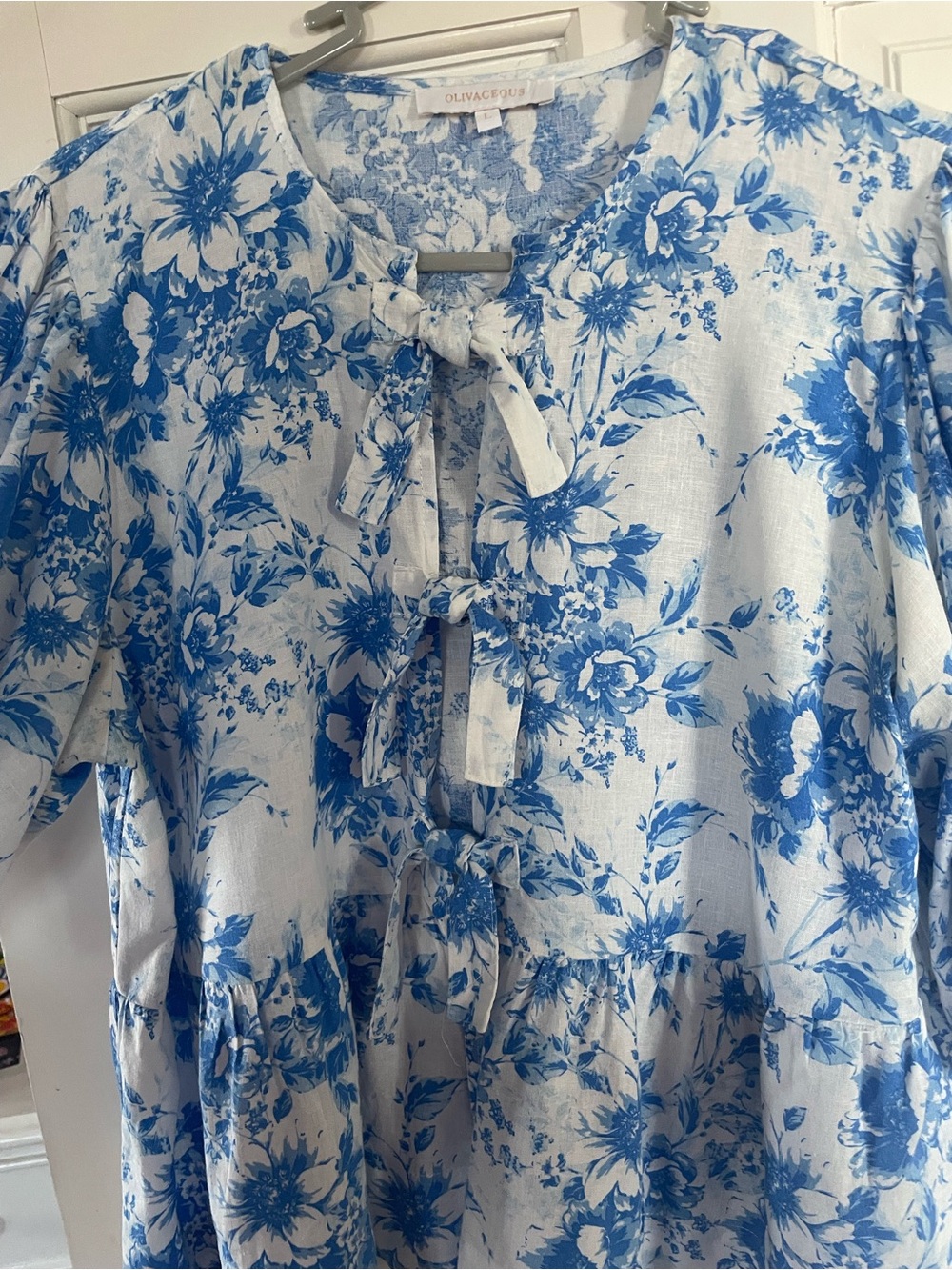 Olivaceous Blue and White Floral Tie-Neck Tunic